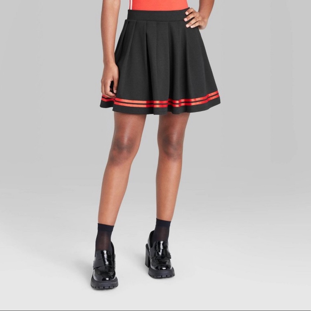 Wild Fable Mini Tennis Mini Skirt Knife-Pleats Black Red Grosgrain Ribbon Trim